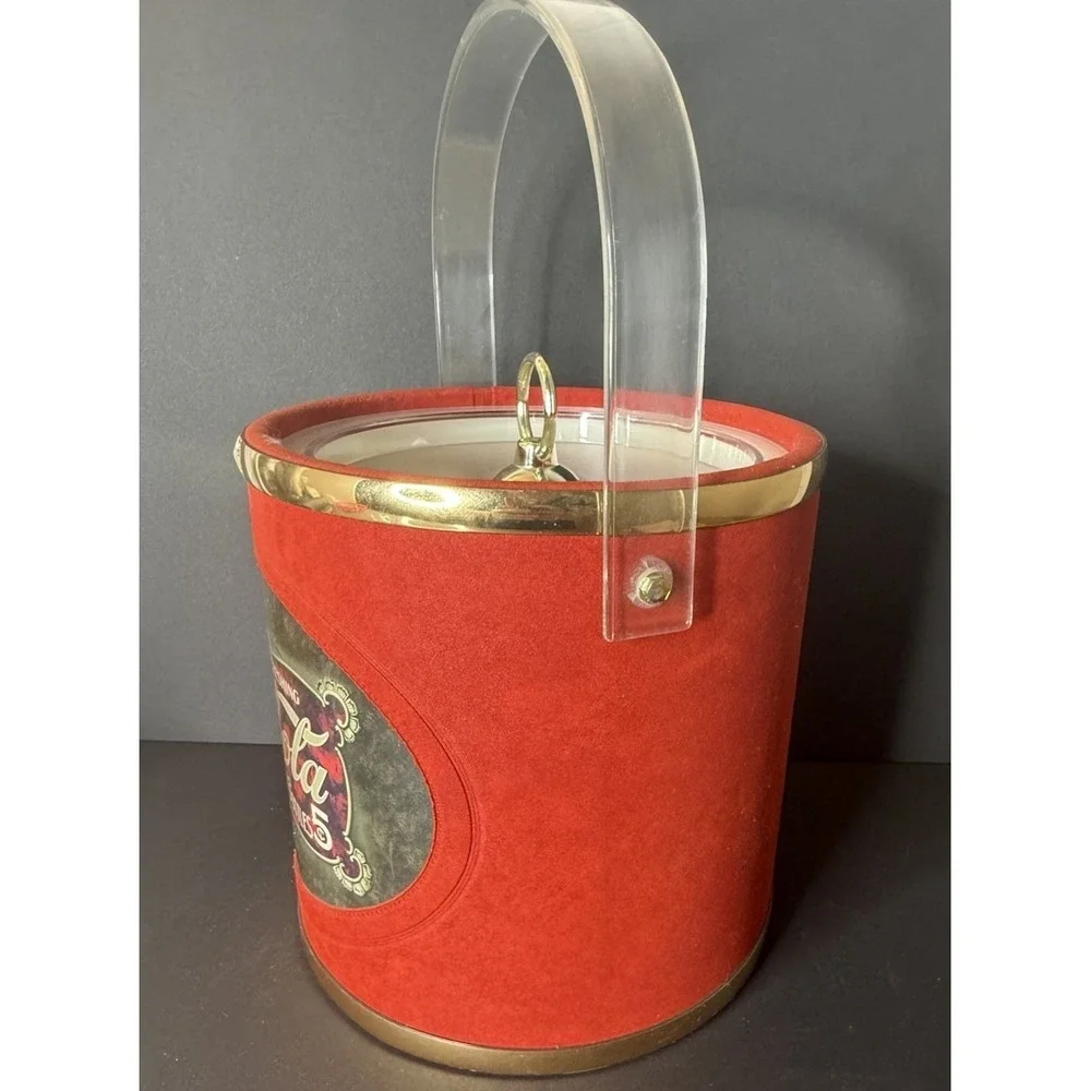 Vintage Coca-Cola Ice Bucket Red & Gold Clear Acrylic Handle Made in USA EUC